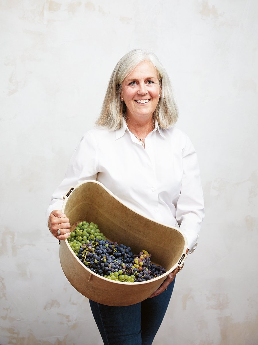 wine maker with basket of freshly cut grapes