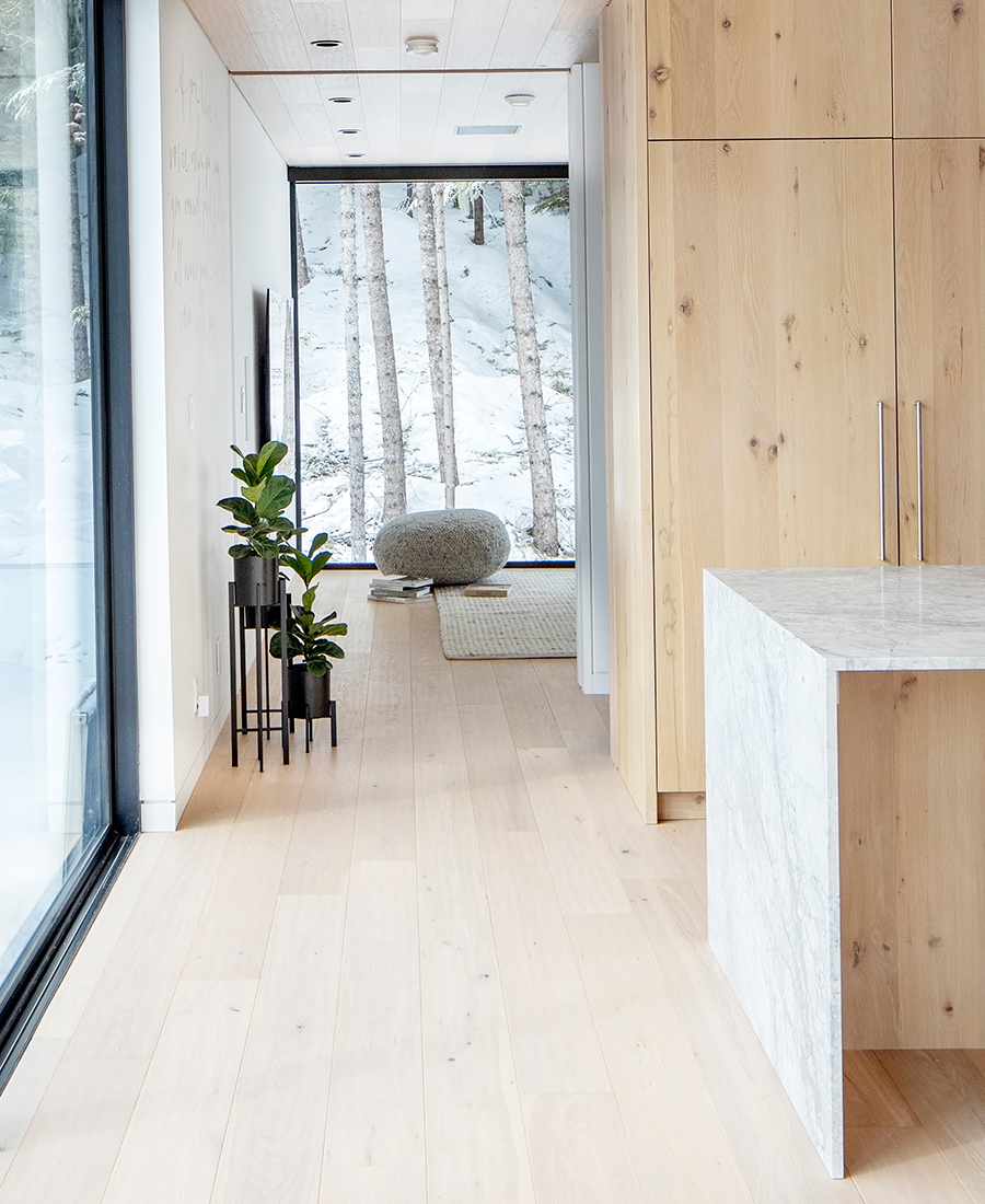 interior hallway with a window showing trees and snow