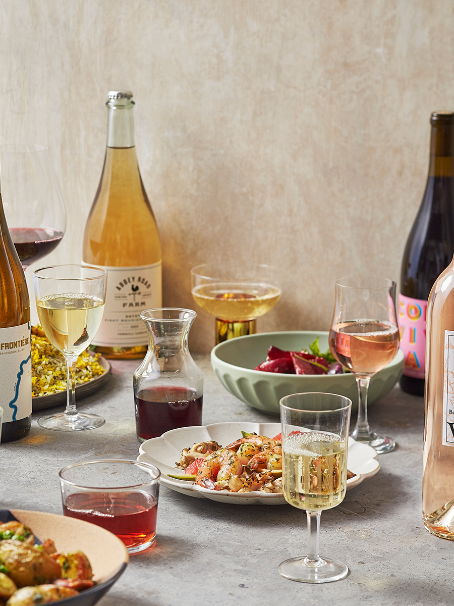 table set with food and beverages