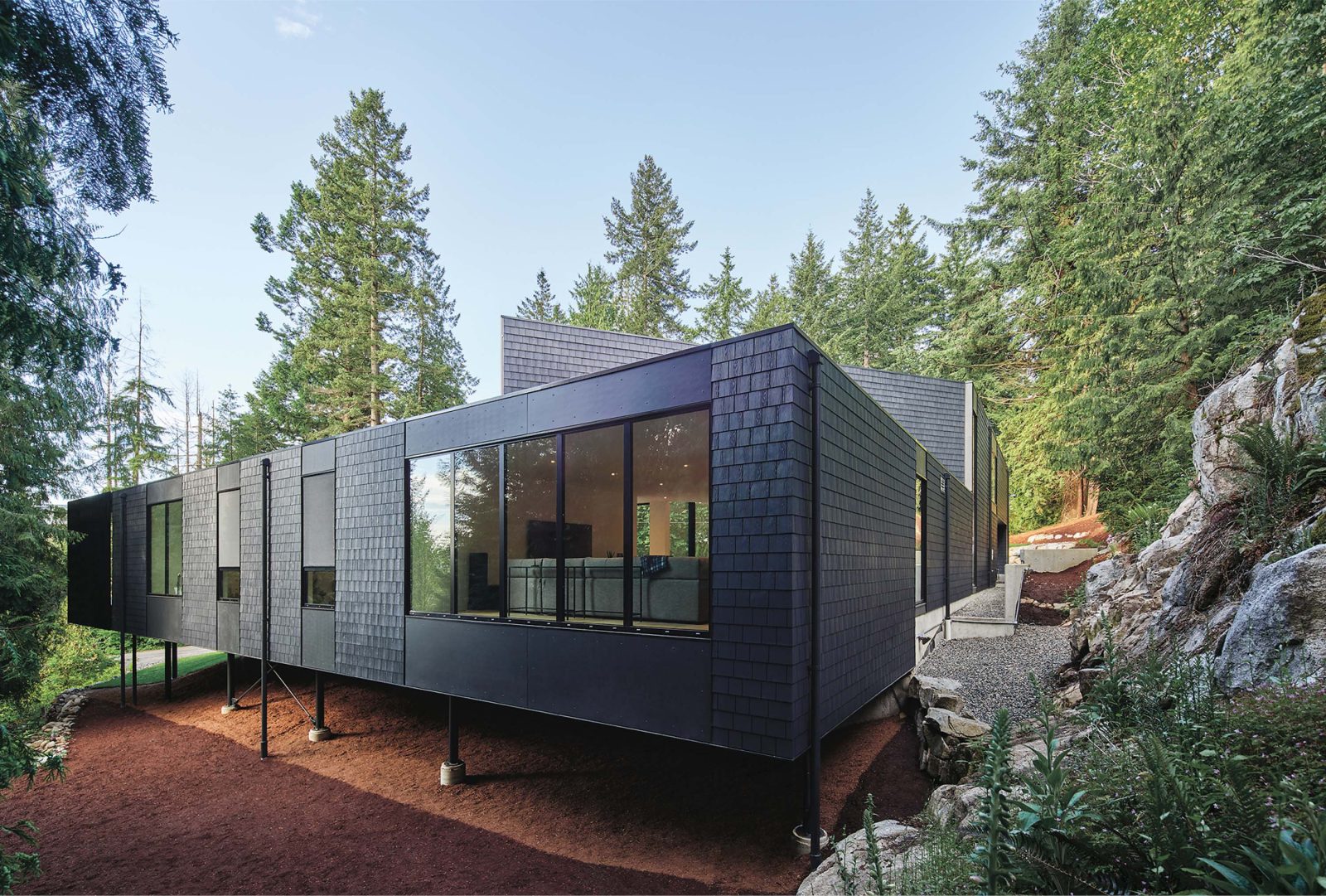 modern house on stilts in a forest setting