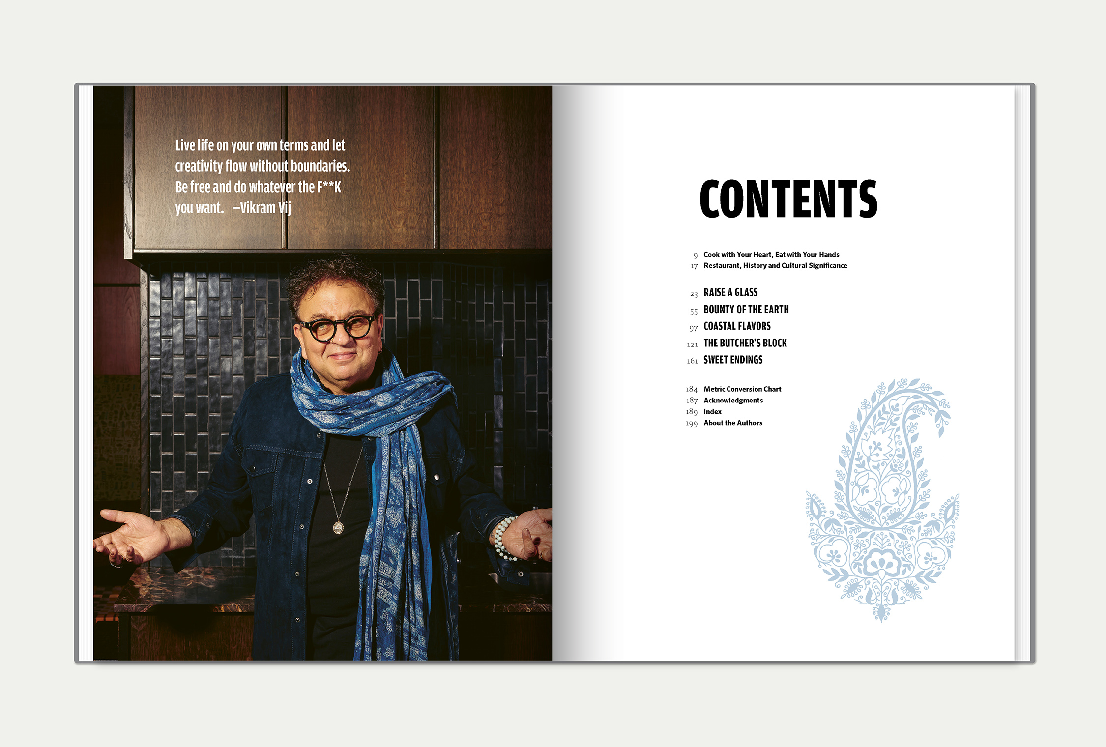 My New Indian Kitchen interior spread featuring a portrait of Vikram Vij and the table of contents