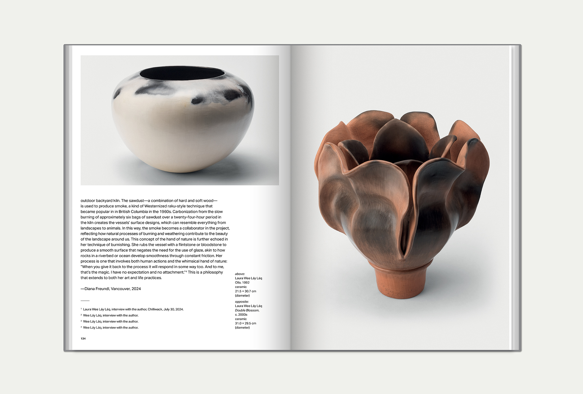 The Place of Objects interior spread featuring two ceramic pieces, one round vase or bowl, and a flower-like vase