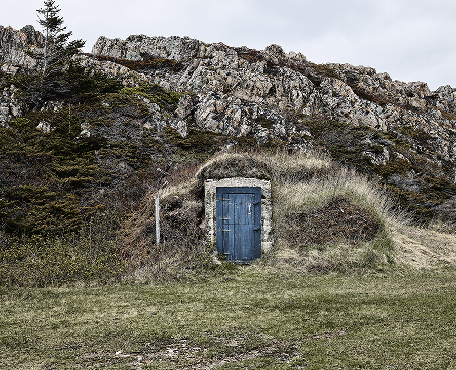 Root cellar embedded in a grassy knoll with a blue door